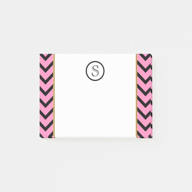 Monogram chevron personlig rosa svart guld post-it block (Framsida)