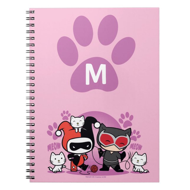 Monogram Chibi Harley Quinn och Catwomen med katte Anteckningsbok (Framsidan)