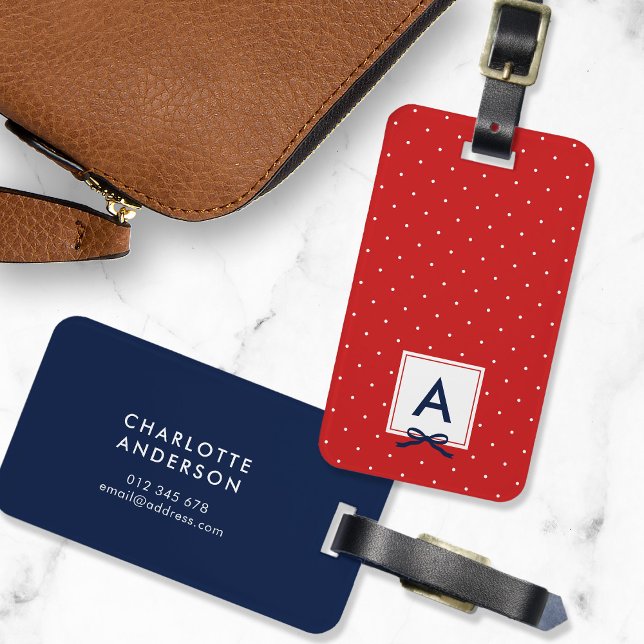 Monogram Chic Blue Ribbon Red Polka Dot Bagagebricka (Skapare uppladdad)