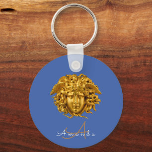 Monogram Chic Couture Guld Medusa Mask Fransk Blue Nyckelring