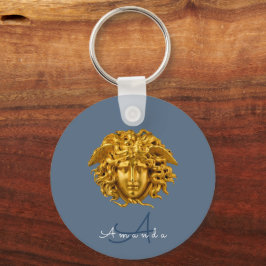 Monogram Chic Couture Guld Medusa Mask Skifferblå Nyckelring