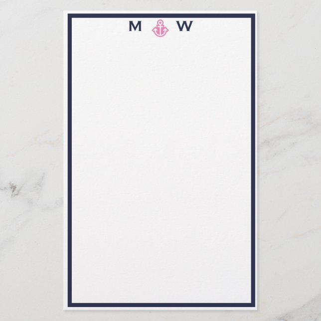 Monogram-chic för marin  och Rosa Anchor Stationer Brevpapper (Framsida)