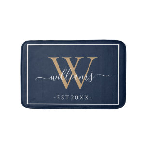 Monogram Chic Guld Skrift Namn Bröllopsdatum Navy Badrumsmatta