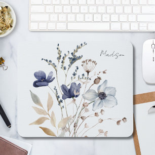 Monogram Chic Vacker Vattenfärg Blå Blomma Musmatta