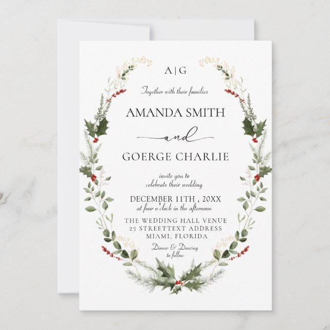 monogram Christmas greenery Winter Photo wedding Inbjudningar (Framsida)