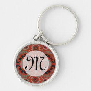 Monogram Cinnabar Suzani I Rund Silverfärgad Nyckelring