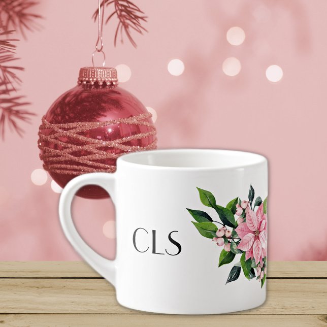Monogram & Citat, Rosa Poinsettia Krans på 6oz Espressomugg (Skapare uppladdad)