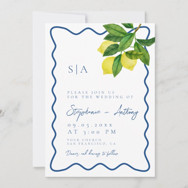 Monogram Citron Citrus, Blå Våg Kant Bröllop   Inbjudningar (Framsida)