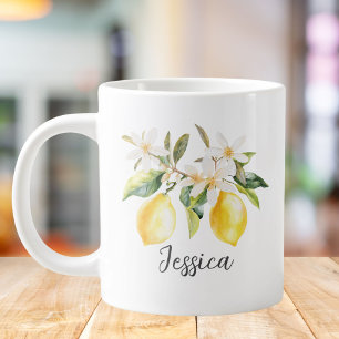 Monogram Citron Frukter Vita Blommor Trädgren Jumbo Mugg