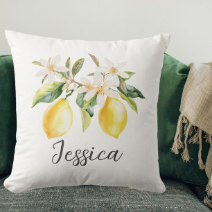 Monogram Citron Frukter Vita Blommor Trädgren Kudde
