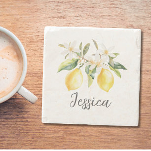 Monogram Citron Frukter Vita Blommor Trädgren Stenunderlägg