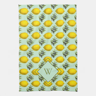 Monogram Citron och oliv mönster gult och blått Kökshandduk