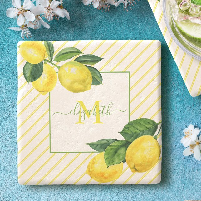 Monogram citrons akvarellränder rustik lantlig sti stenunderlägg (Skapare uppladdad)