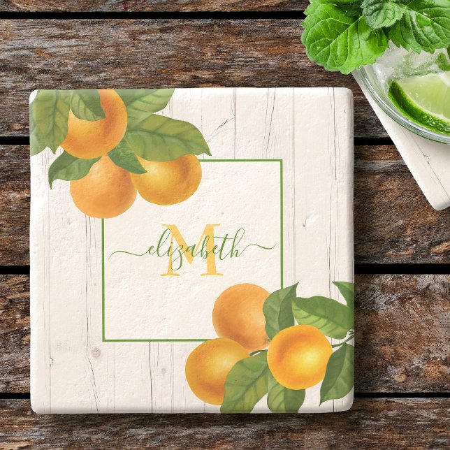 Monogram citrus apelsiner akvarell rustik trä stenunderlägg (Skapare uppladdad)
