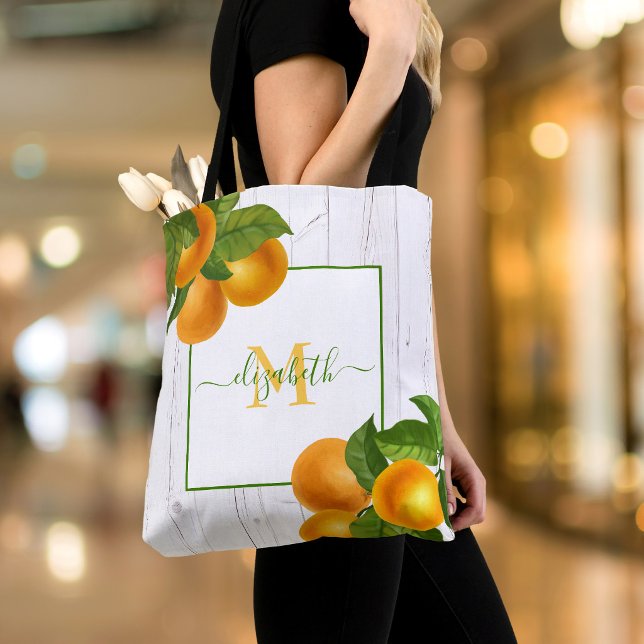 Monogram citrus apelsiner akvarell rustik trä tygkasse (Skapare uppladdad)