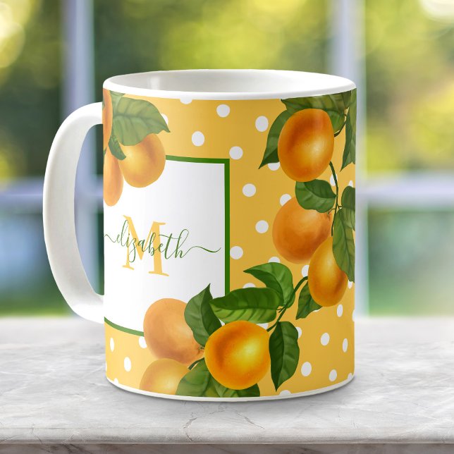 Monogram citrus apelsiner vattenfärg prickar rusti kaffemugg (Skapare uppladdad)