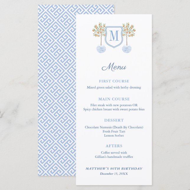 Monogram Citrus Träd Formal Baptism Luncheon Meny (Fram/baksida)