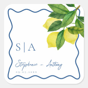 Monogram citrusfrukter, blåvåg Gräns Bröllop Fyrkantigt Klistermärke