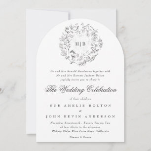 Monogram Classic Botanical Blommigt Bröllop Arch Inbjudningar