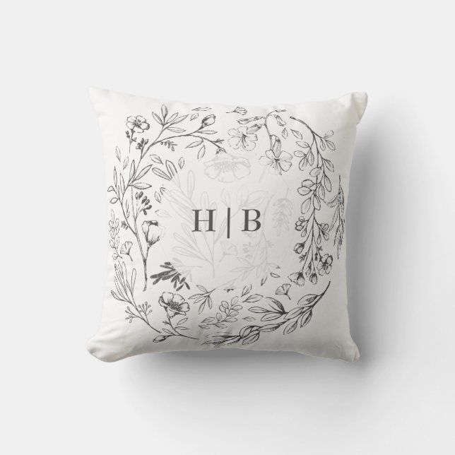Monogram Classic Botanical Blommigt Bröllop Kudde (Framsida)