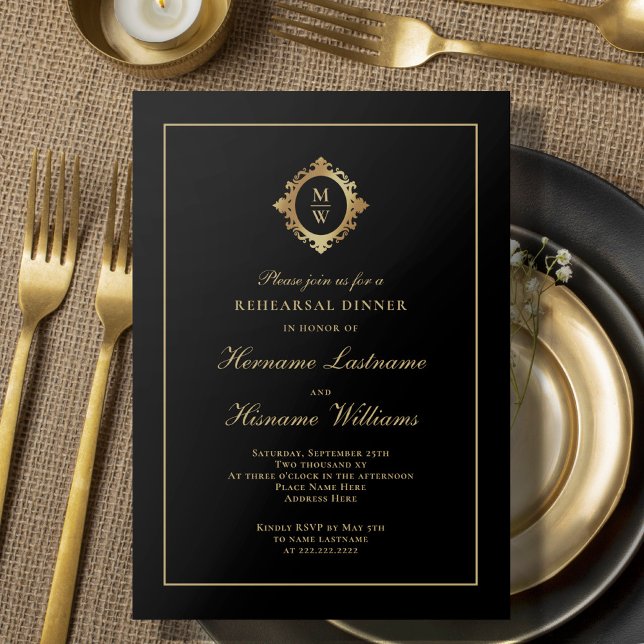 Monogram Classic Chic Black Guld Rehearsal Middag Inbjudningar (Skapare uppladdad)