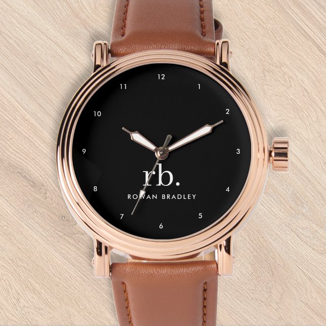 Monogram Classic Elegant Minimal Svart och Vitt Armbandsur (Sleek black modern monogram custom watch.)