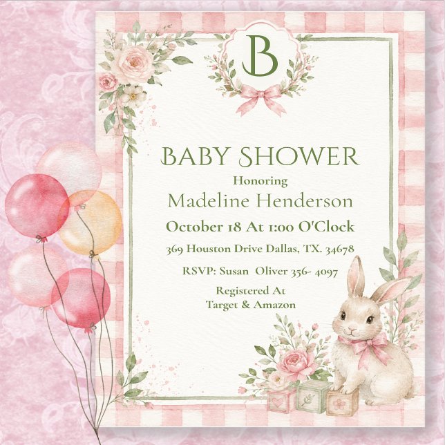 Monogram Classic Rosa Flickig Babyfirande Inbjudningar (Skapare uppladdad)
