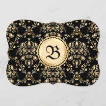 Monogram Classy Elegant Guld Damask Medieval Black
