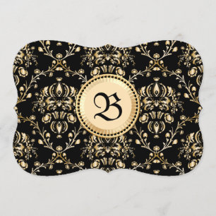 Monogram Classy Elegant Guld Damask Medieval Black Inbjudningar