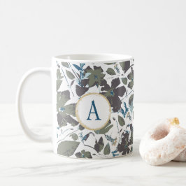 Monogram Clematis Vine Elegant Grönt Blue Blommigt Kaffemugg