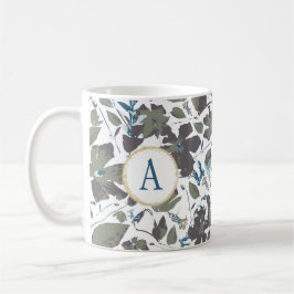 Monogram Clematis Vine Elegant Grönt Blue Blommigt Kaffemugg