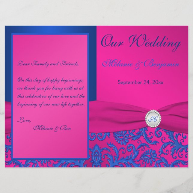 Monogram Cobalt and Fuchsia Damask Wedding Program (Framsida)