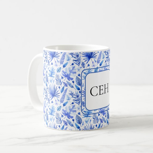 Monogram, Cobalt Blue Tropical Lövs Mönster 11oz Kaffemugg (Framsida vänster)