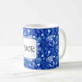 Monogram, Cobalt Blue Tropical Lövs Mönster 11oz Kaffemugg
