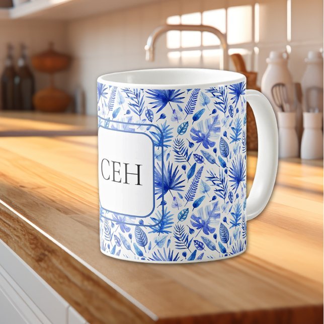 Monogram, Cobalt Blue Tropical Lövs Mönster 11oz Kaffemugg (Skapare uppladdad)