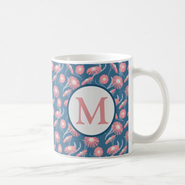 Monogram Coffee Mug Pink Flowers Blue Mom's Women  Kaffemugg (Höger)