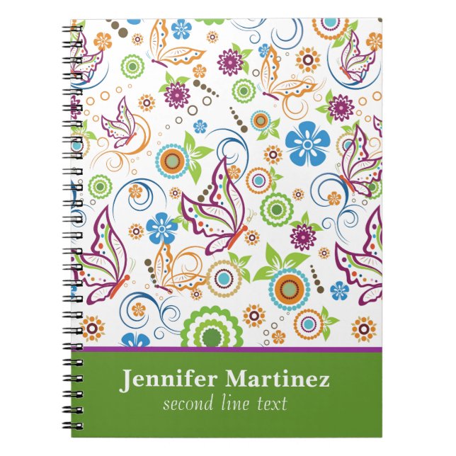 Monogram Colorful Butterflies & Flowers Mönster Anteckningsbok (Framsidan)