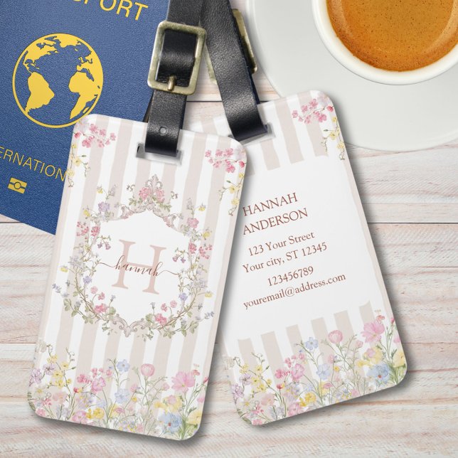 Monogram Colorful Floral Rococo Art Stripes Bagagebricka (In situ)