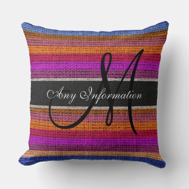 Monogram Colorful Rand Burlap Rustic Jute #8 Kudde (Framsida)