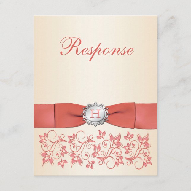 Monogram Coral Champagne Blommig Bröllops RSVP OSA Kort (Framsida)