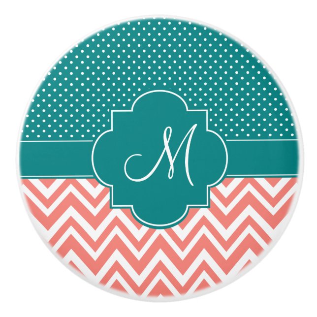 Monogram Coral Chevron med Teal Polka Dot Mönster Knopp (Framsidan)