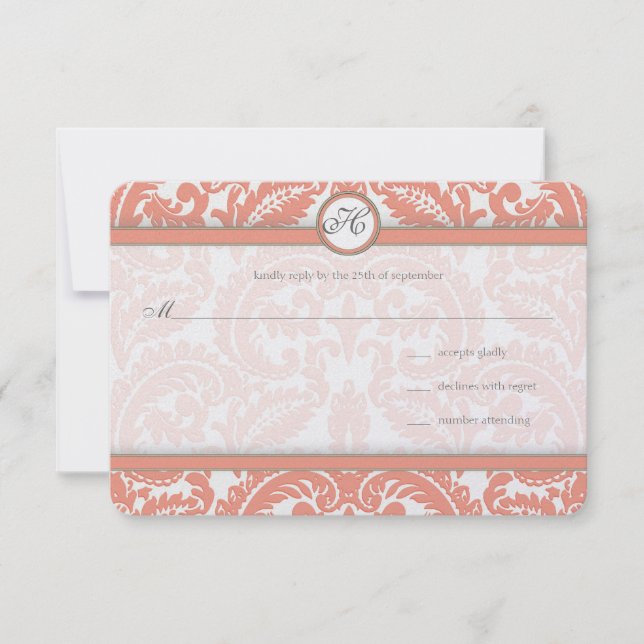 Monogram Coral & Grått Damask Wedding OSA Kort (Framsida)