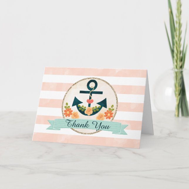 Monogram Coral Marin Nyfiken Bröllop Tacksamhet Tack Kort (Framsida)