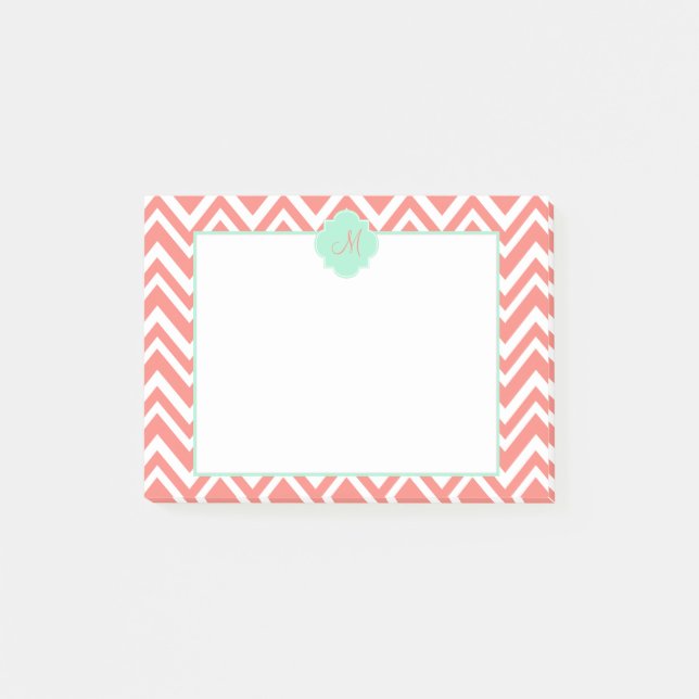Monogram Coral och White Chevron med Mint Grönt Post-it Block (Framsida)