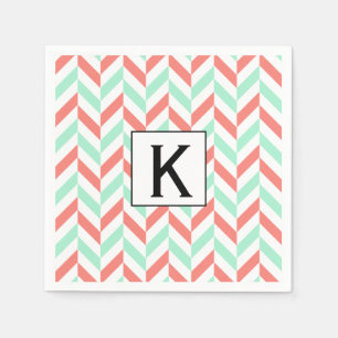 Monogram Coral Rosa och Mint Grönt Herringbone Pappersservett