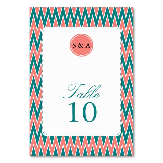 Monogram Coral Rosa och Teal Zigzag Mönster Bordsnummer (Framsidan)