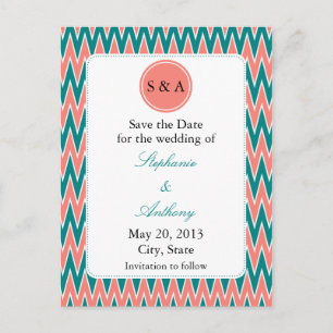 Monogram Coral Rosa och Teal Zigzag Spara datum Meddelande Vykort