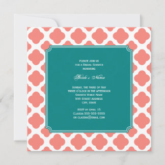Monogram Coral Rosa Quatrefoil Mönster med Teal Inbjudningar