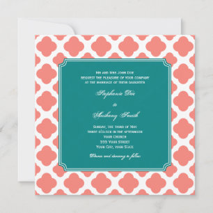 Monogram Coral Rosa Quatrefoil Mönster med Teal Inbjudningar