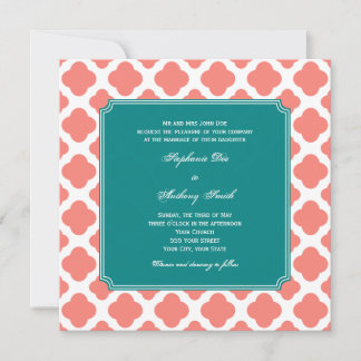 Monogram Coral Rosa Quatrefoil Mönster med Teal Inbjudningar